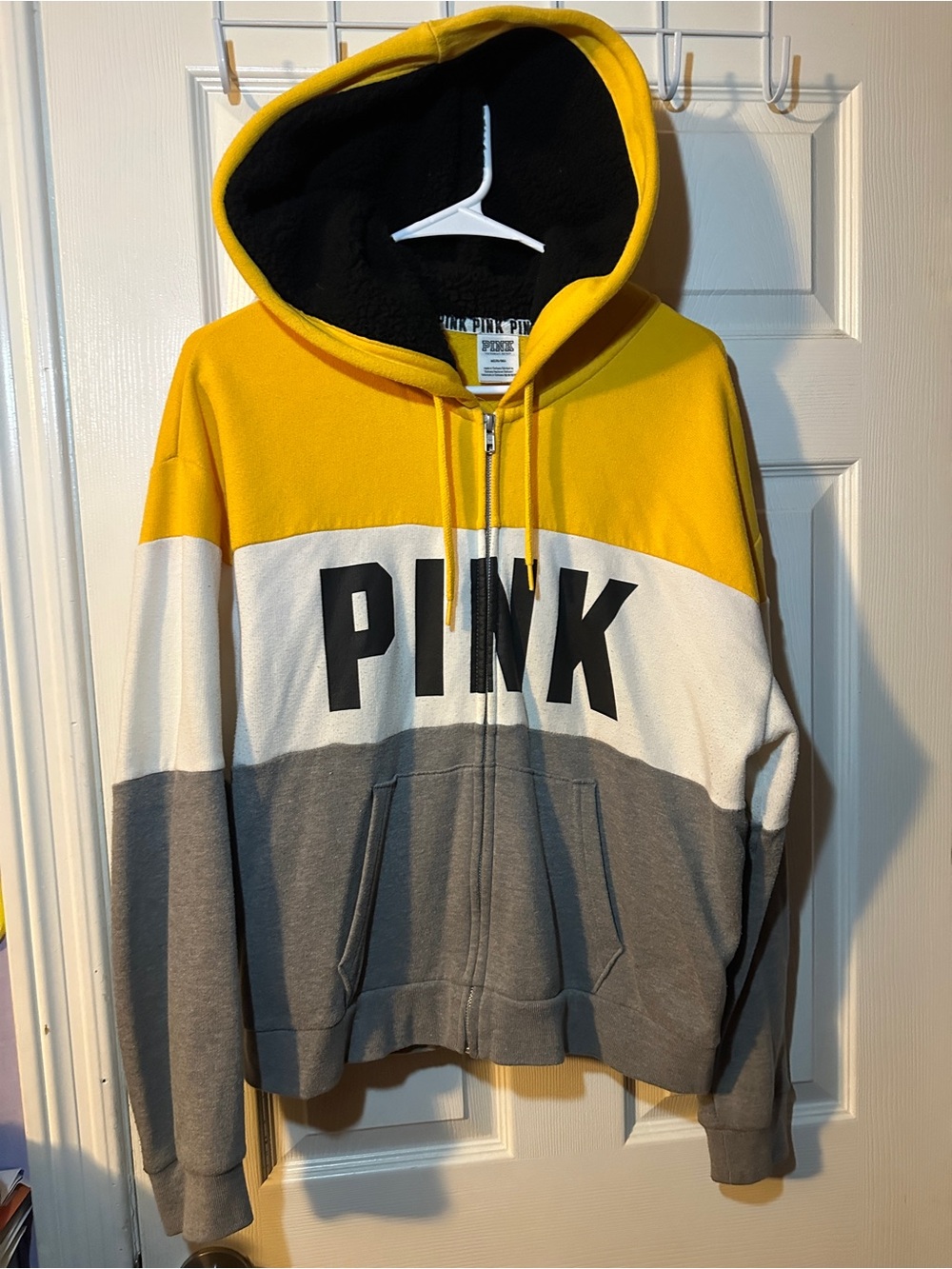 Victoria's Secret PINK Colorblock Zip-Up Hoodie Jacket - Yellow/White/Gray